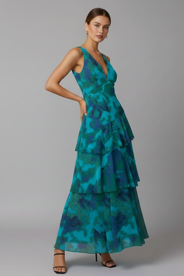 Women’s Maxi Dress with Layered Skirt and V-Neck in Blue - View 3.0 | Roselva
