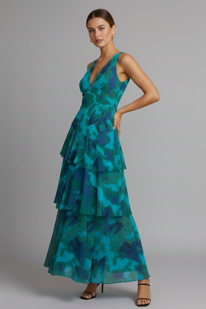 Women's Maxi Dress with Layered Skirt and V-Neck in Blue - View 4.0 | Roselva
