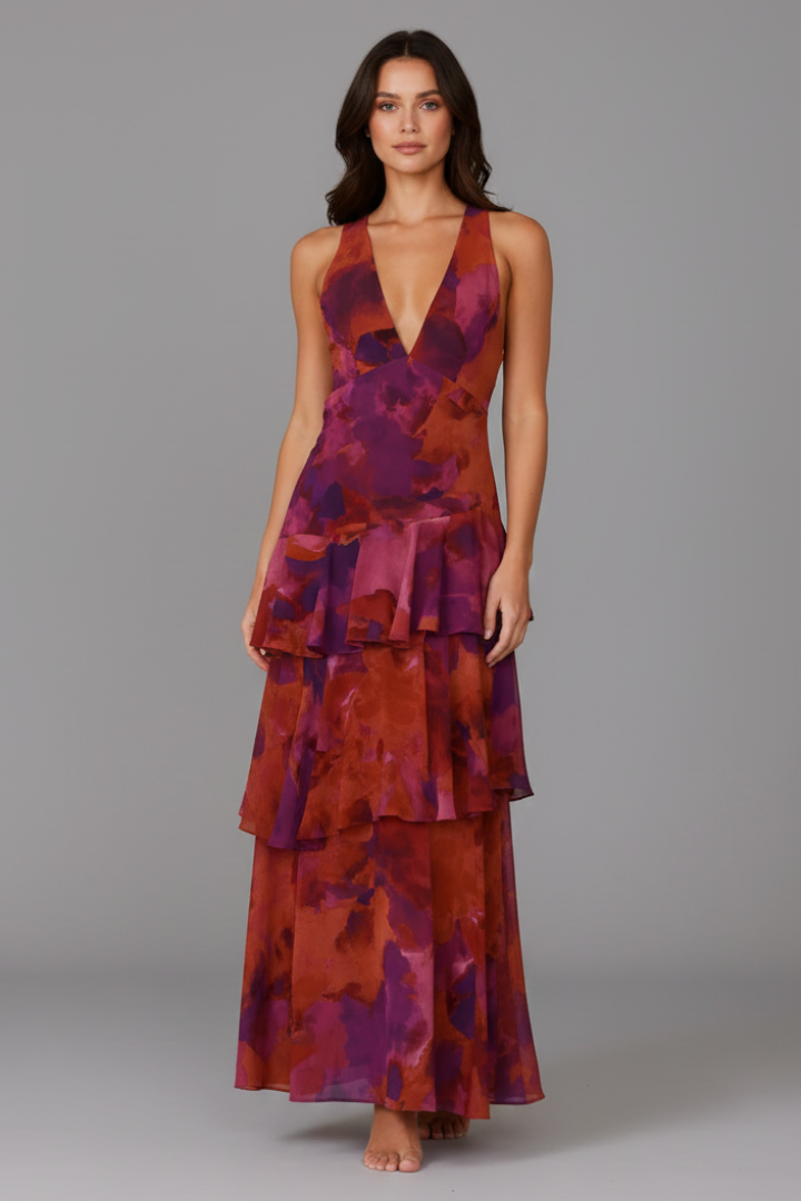Women's Maxi Dress with Layered Skirt and V-Neck in Blue - View 6.0 | Roselva