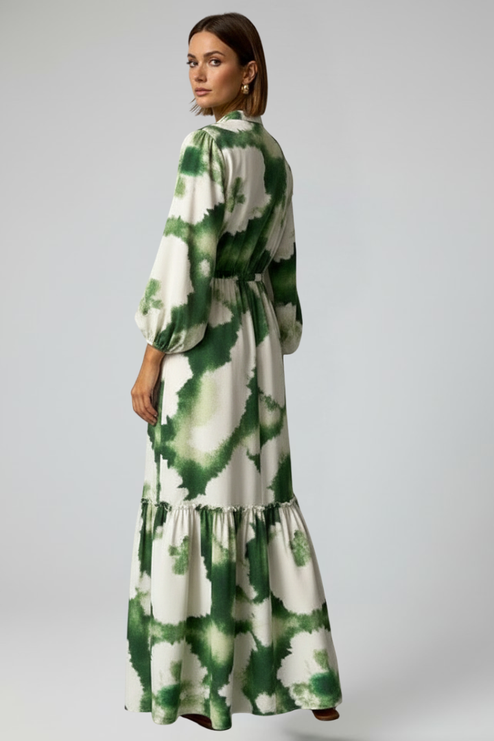 Women's Maxi Dress with V-Neck and Long Sleeves in Green - View 4.0 | Roselva