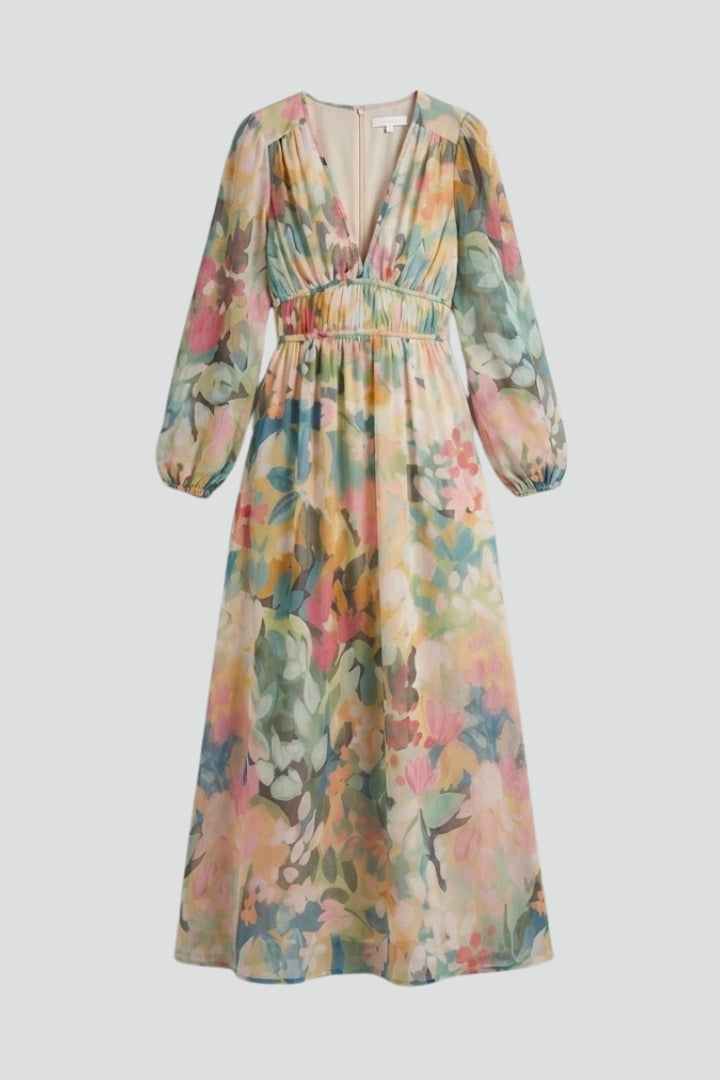 floral printed long sleeve v-neck self tie maxi dress Watercolor Botanical Printed Crisscross Cutout Self-Tie Chiffon Maxi Dress