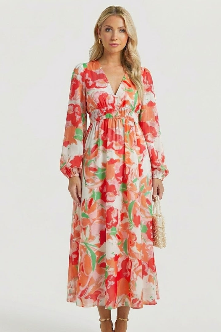Women's Dress with V-Neck and Floral Print in Green - View 17.0 | Roselva