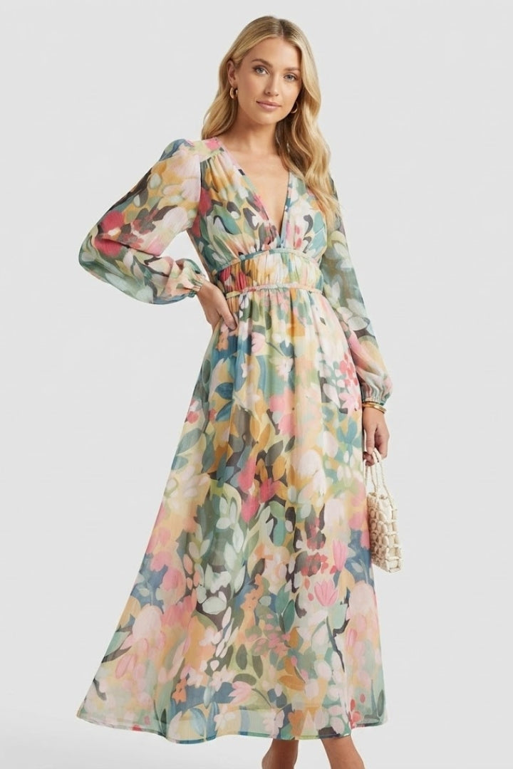 Women's Dress with V-Neck and Floral Print in Green - View 3.0 | Roselva
