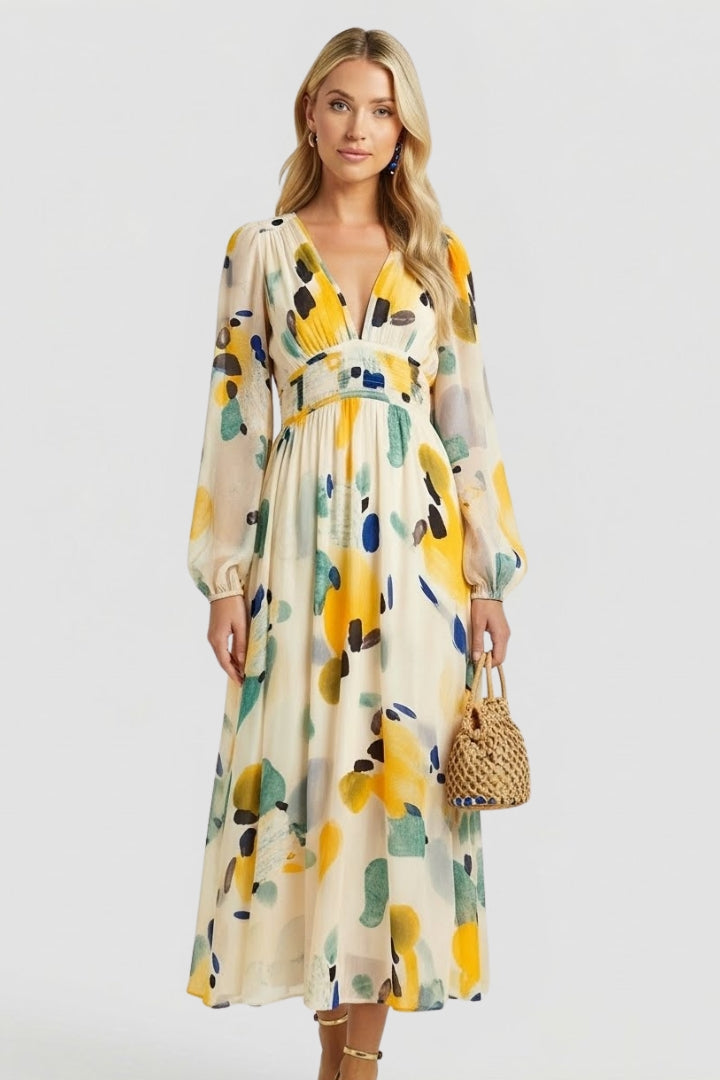 Women's Dress with V-Neck and Floral Print in Green - View 10.0 | Roselva