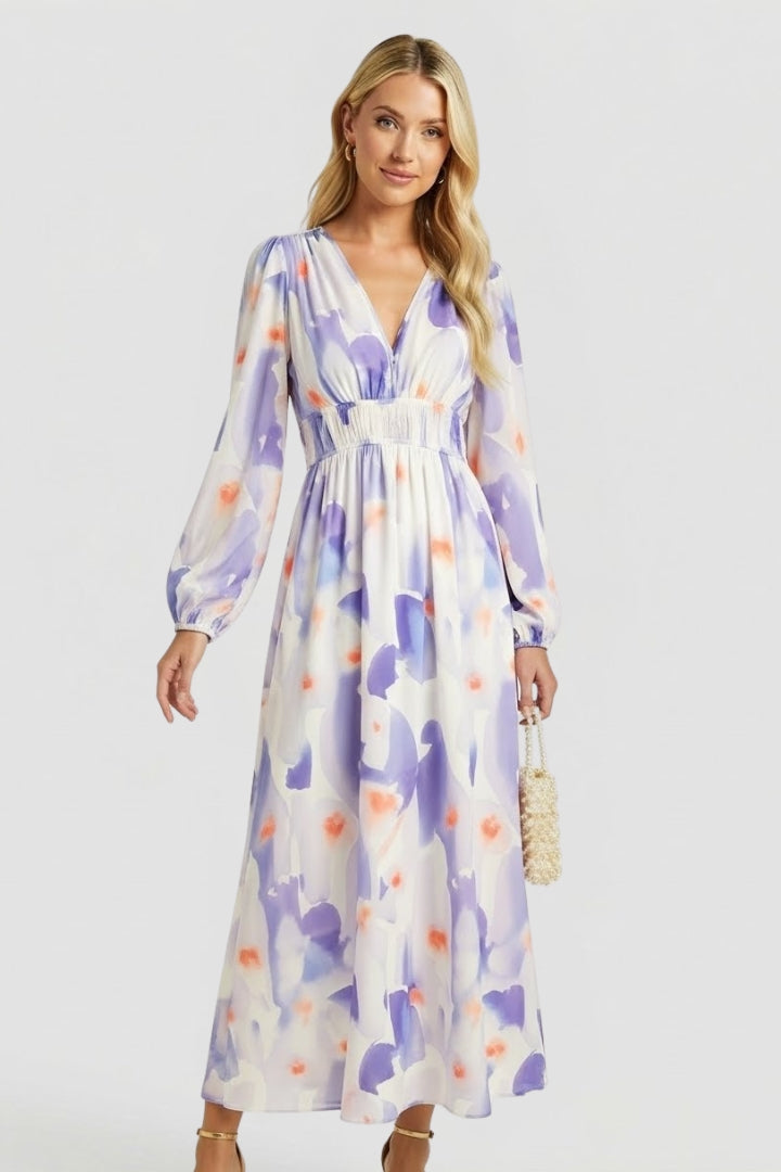 Women's Dress with V-Neck and Floral Print in Green - View 8.0 | Roselva