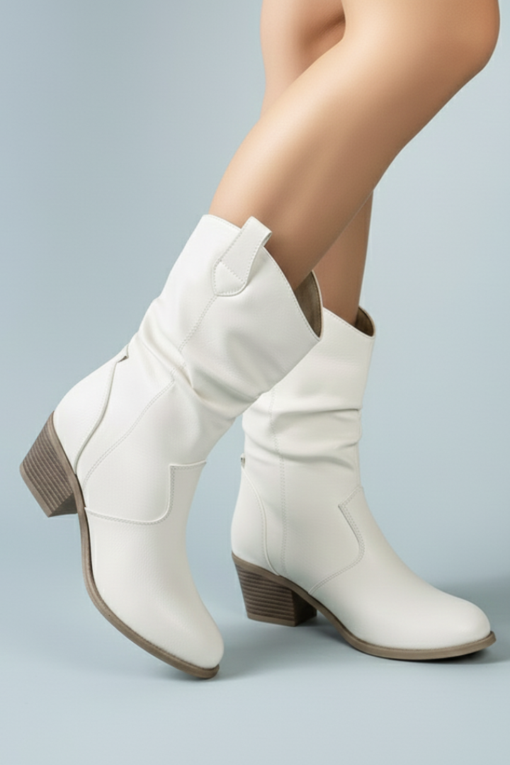 Women's Calf-Length Ankle Boots with Block Heel in White - View 3.0 | Roselva