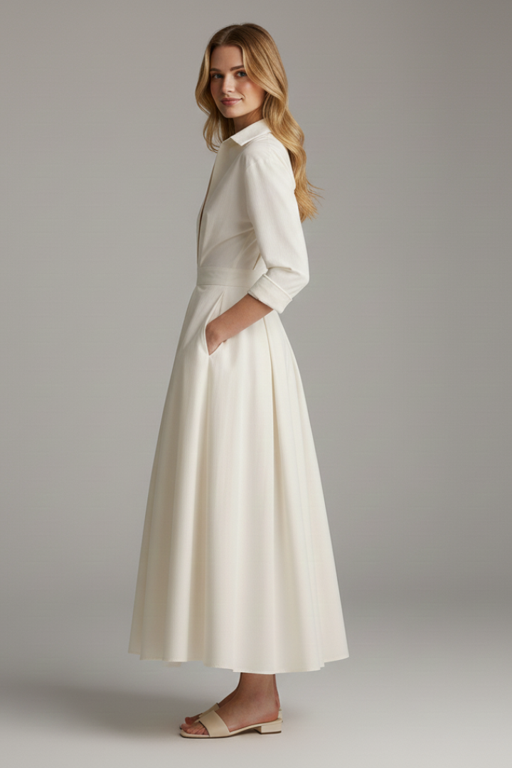 Women's Midi Dress with Defined Waist in Beige - View 5.0 | Roselva