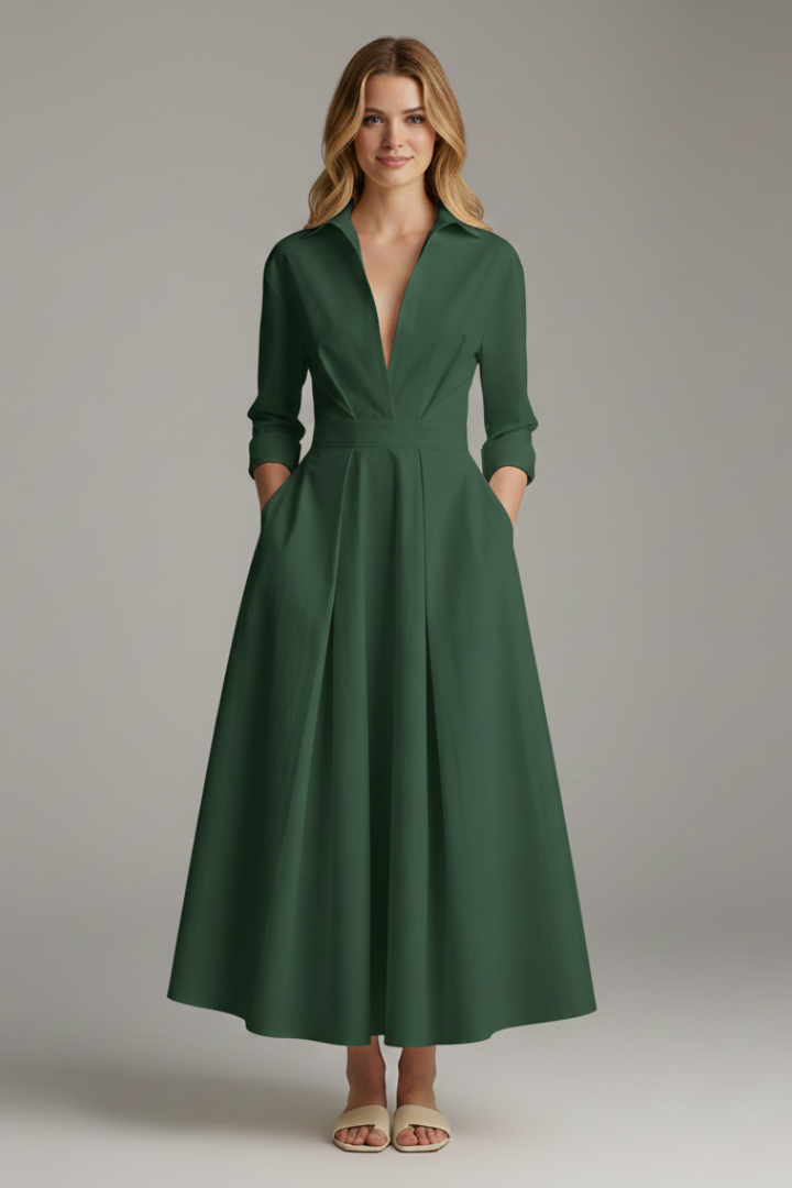 Women's Midi Dress with Defined Waist in Beige - View 7.0 | Roselva