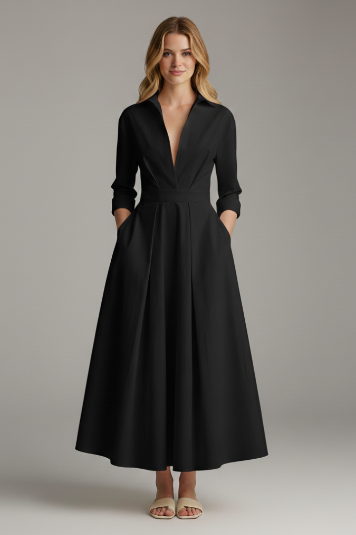 Women's Midi Dress with Defined Waist in Beige - View 6.0 | Roselva