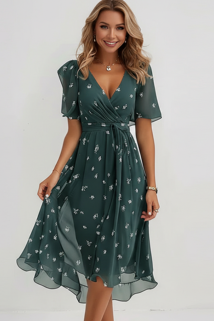Women's Midi Dress with V-Neck with Floral Pattern