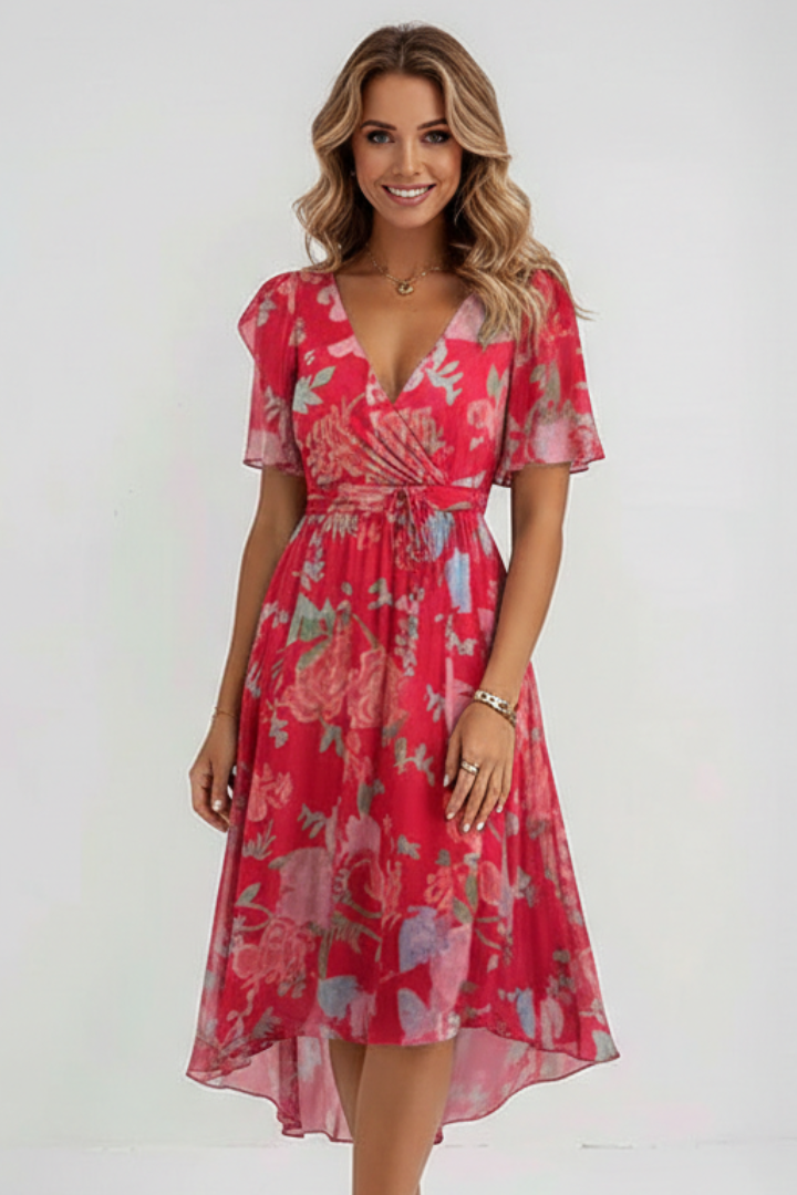Women's Midi Dress with V-Neck with Floral Pattern