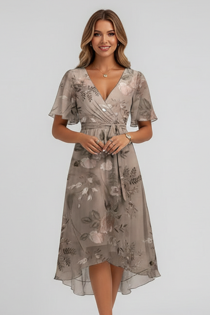 Women's Midi Dress with V-Neck with Floral Pattern
