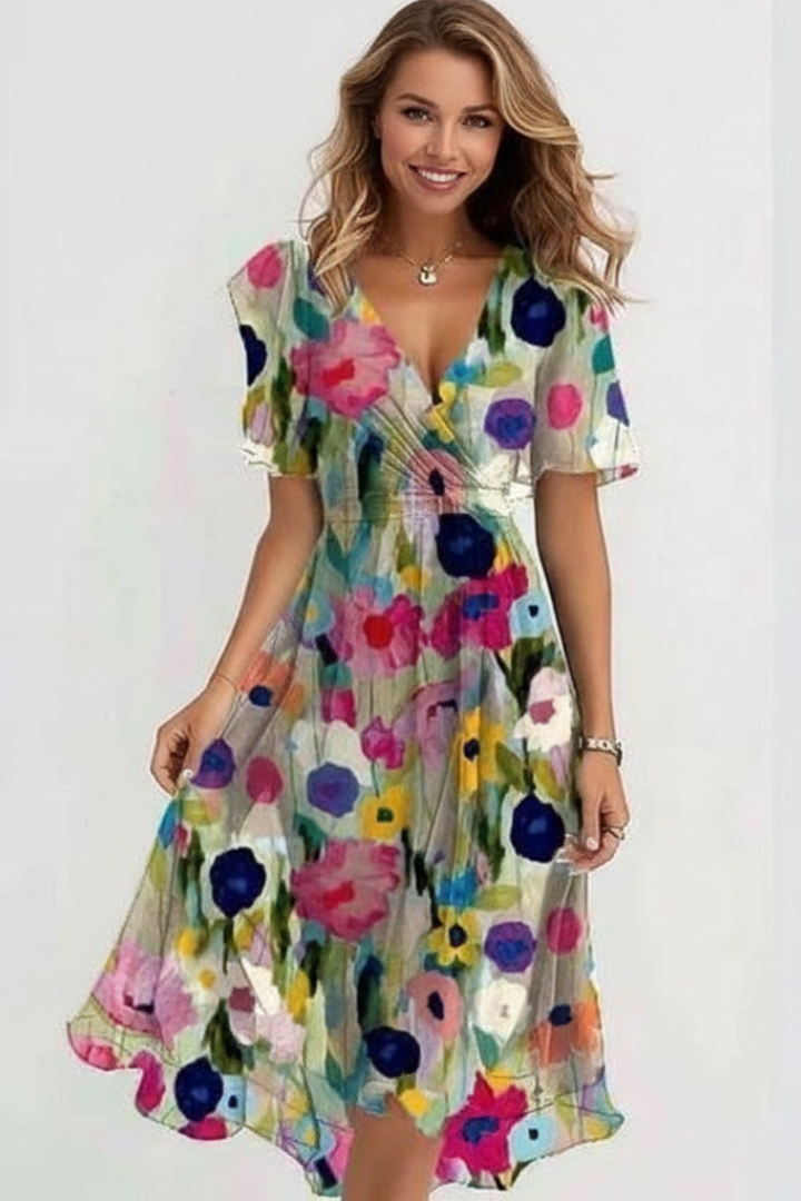 Women's Midi Dress with V-Neck with Floral Pattern