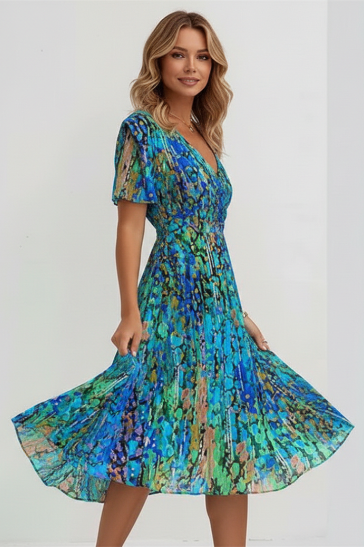 Women's Midi Dress with V-Neck with Floral Pattern