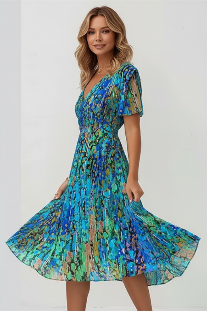 Women's Midi Dress with V-Neck with Floral Pattern
