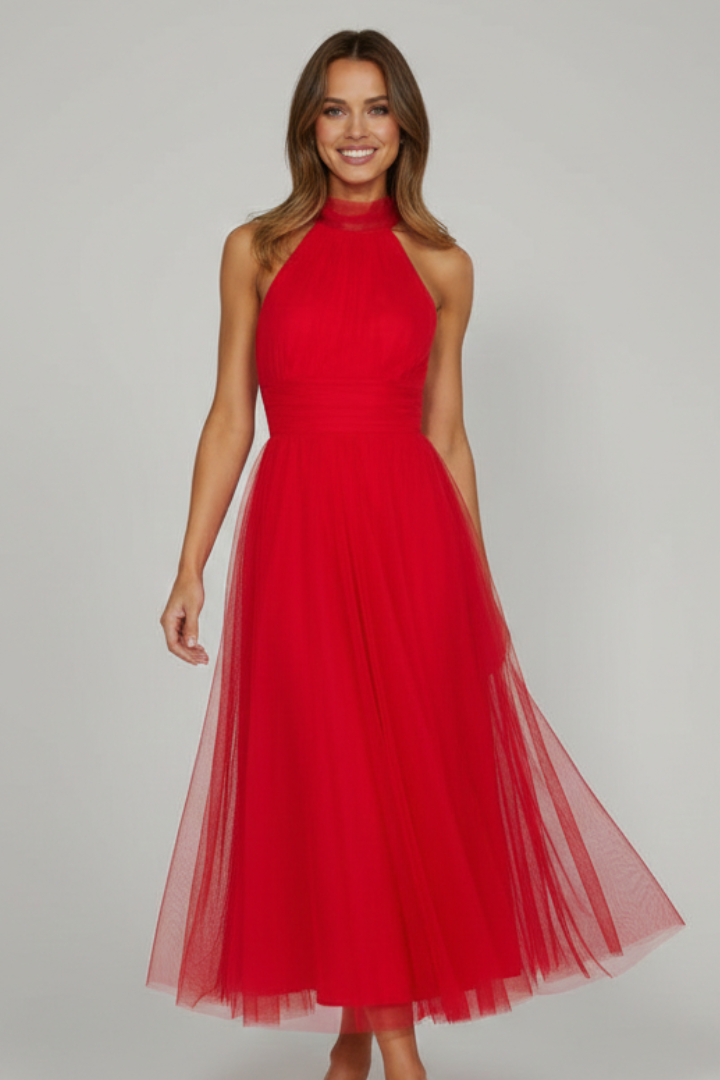 Women's Midi Dress with Halter Neckline and Layered Skirt
