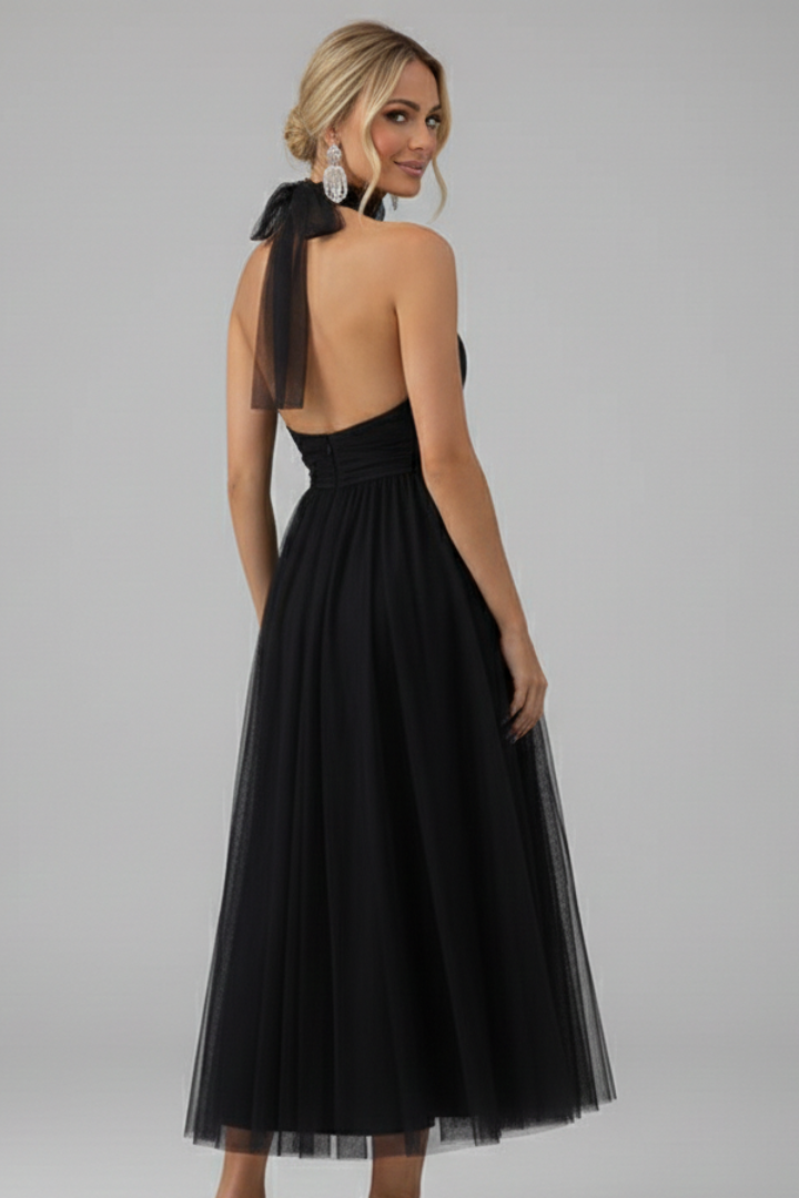 Women's Midi Dress with Halter Neckline and Layered Skirt