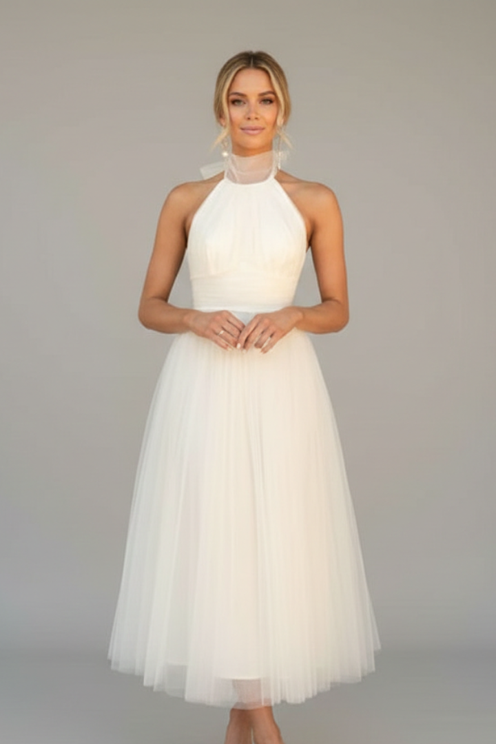 Women's Midi Dress with Halter Neckline and Layered Skirt