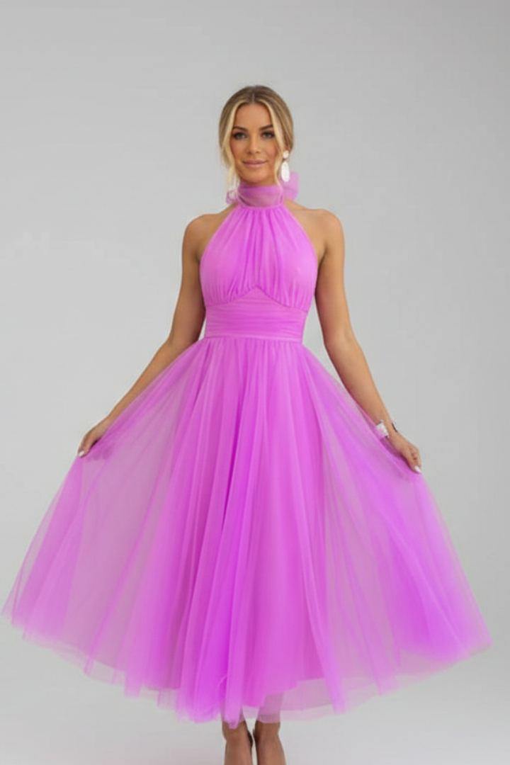 Women's Midi Dress with Halter Neckline and Layered Skirt