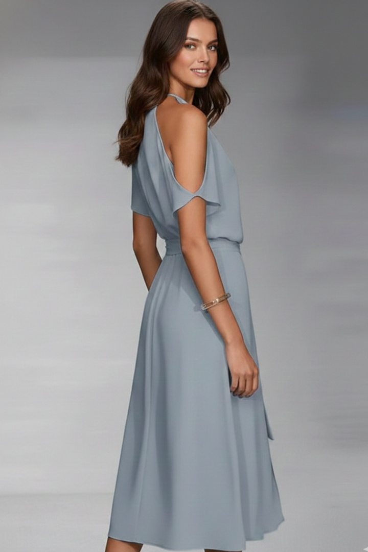 Women's Midi Dress with Halter Neckline and Asymmetric Hem