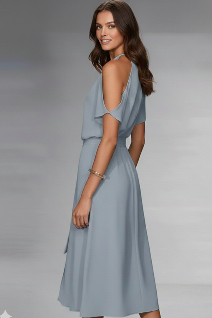 Women's Midi Dress with Halter Neckline and Asymmetric Hem