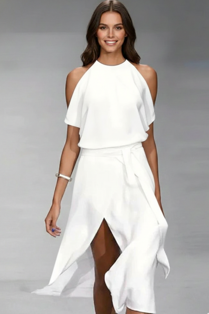 Women's Midi Dress with Halter Neckline and Asymmetric Hem