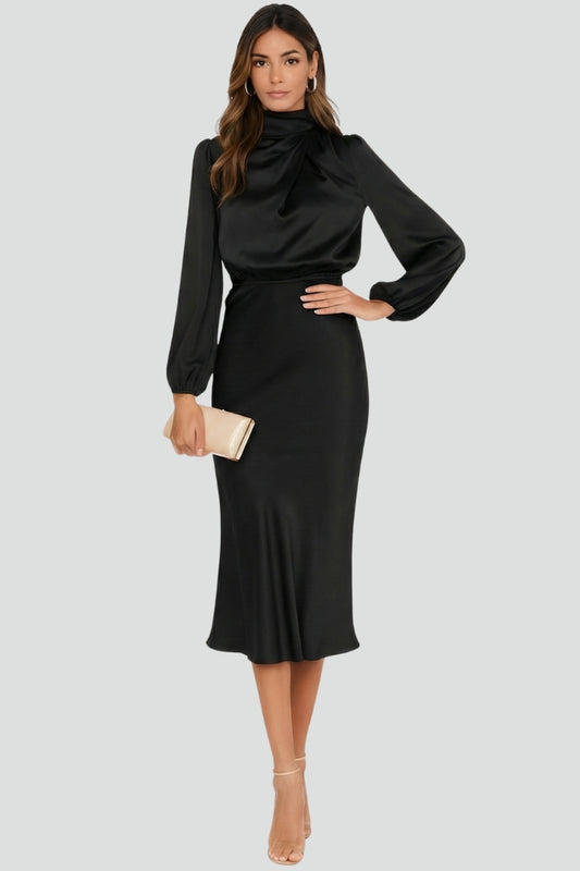 Women's Midi Dress with High Neckline and Long Sleeves in Green - View 9.0 | Roselva