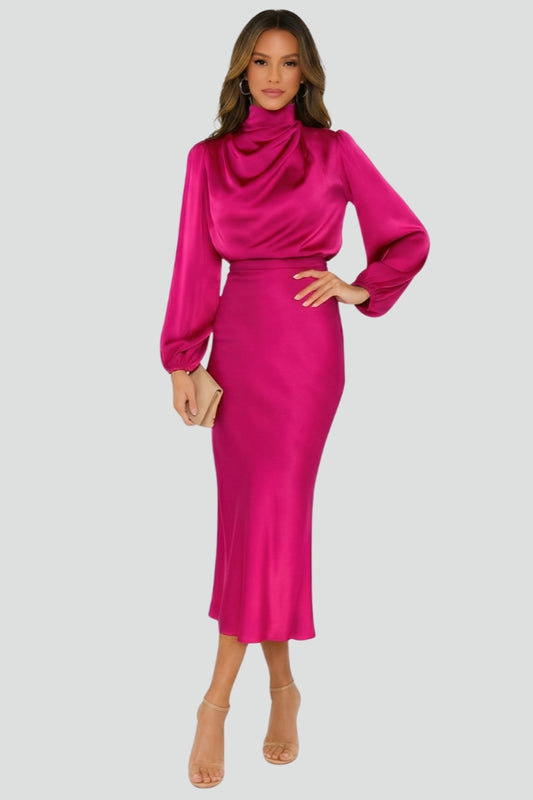 Women's Midi Dress with High Neckline and Long Sleeves in Green - View 8.0 | Roselva