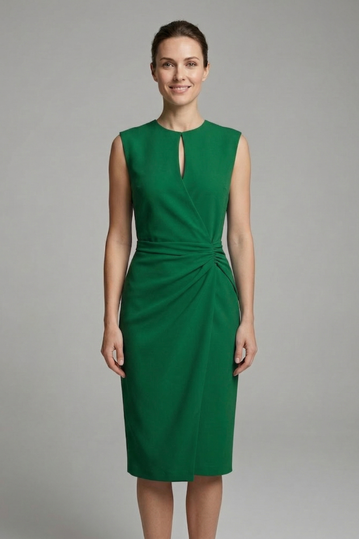 Women's Midi Dress with Keyhole Neckline and Draped Waist