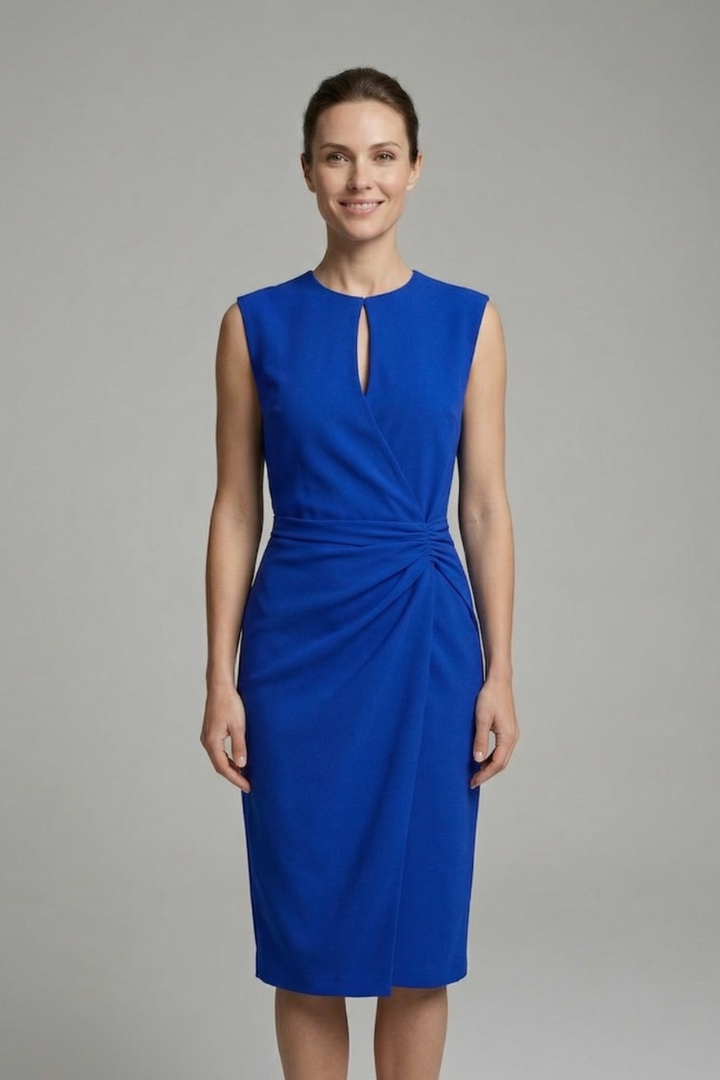 Women's Midi Dress with Keyhole Neckline and Draped Waist