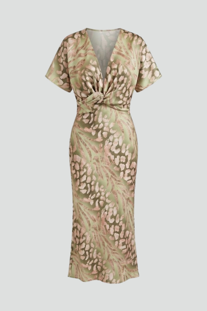 Women's Midi Dress with Pleated Hem and Floral Pattern in Green | Roselva