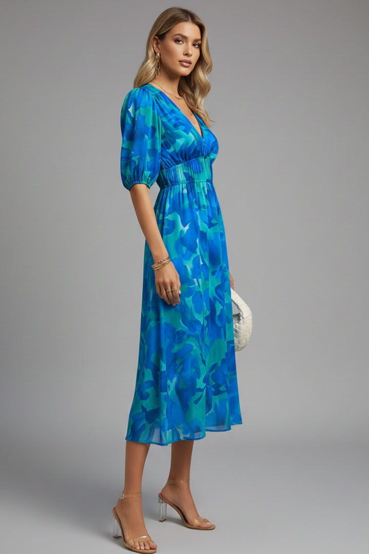 Women's Midi Dress with Puff Sleeves and Floral Pattern in Blue - View 3.0 | Roselva
