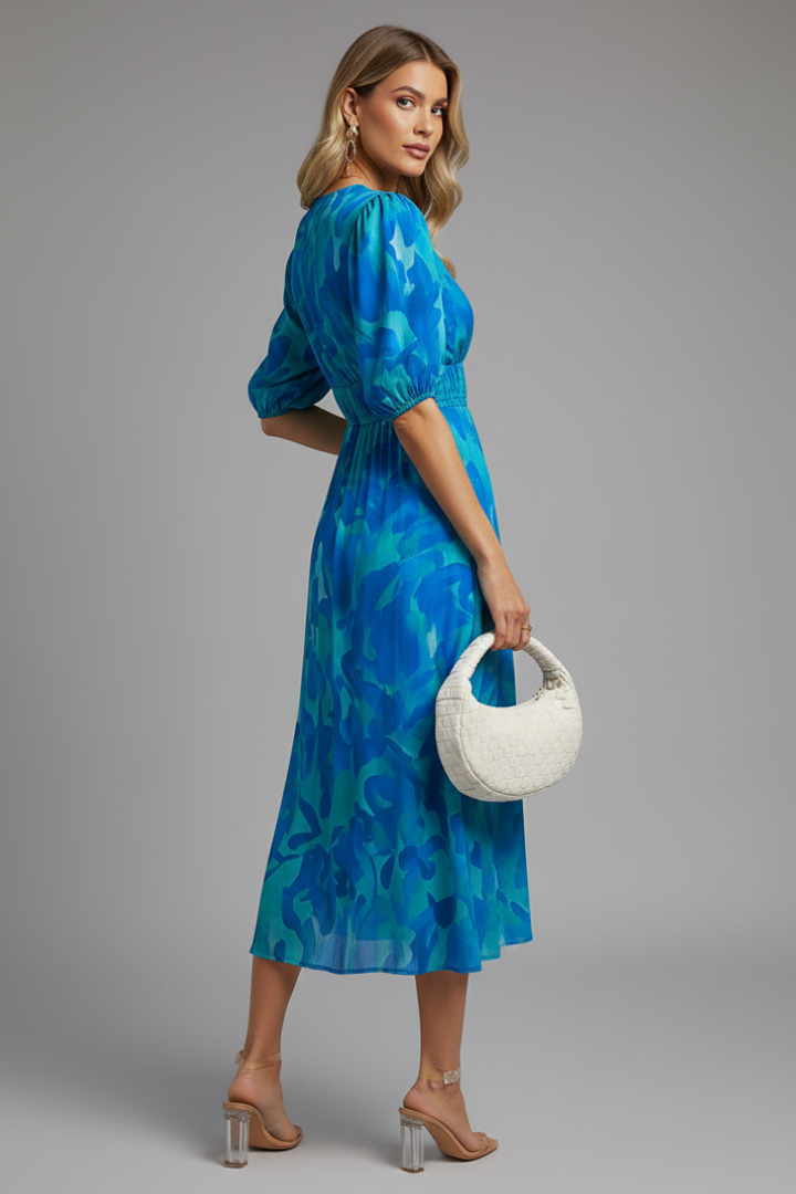 Women's Midi Dress with Puff Sleeves and Floral Pattern in Blue - View 5.0 | Roselva