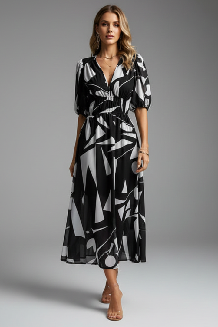 Women's Midi Dress with Puff Sleeves and Floral Pattern in Blue - View 7.0 | Roselva