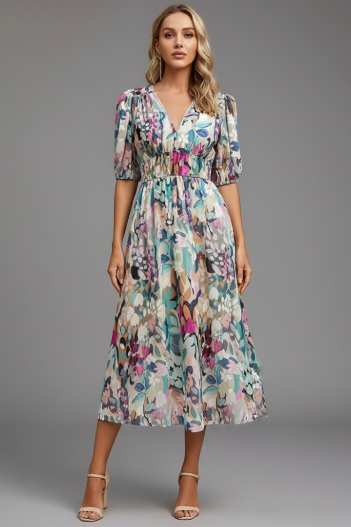 Women's Midi Dress with Puff Sleeves and Floral Pattern in Blue - View 6.0 | Roselva