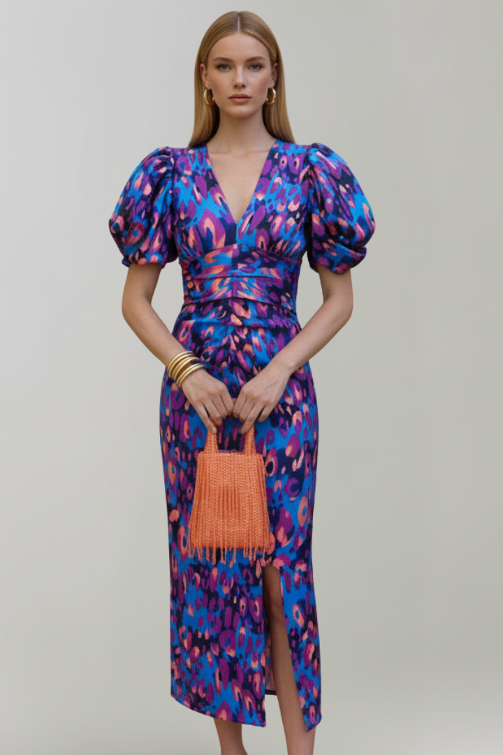 Women's Midi Dress with Puff Sleeves and Gathered Waist in Purple - View 2.0 | Roselva