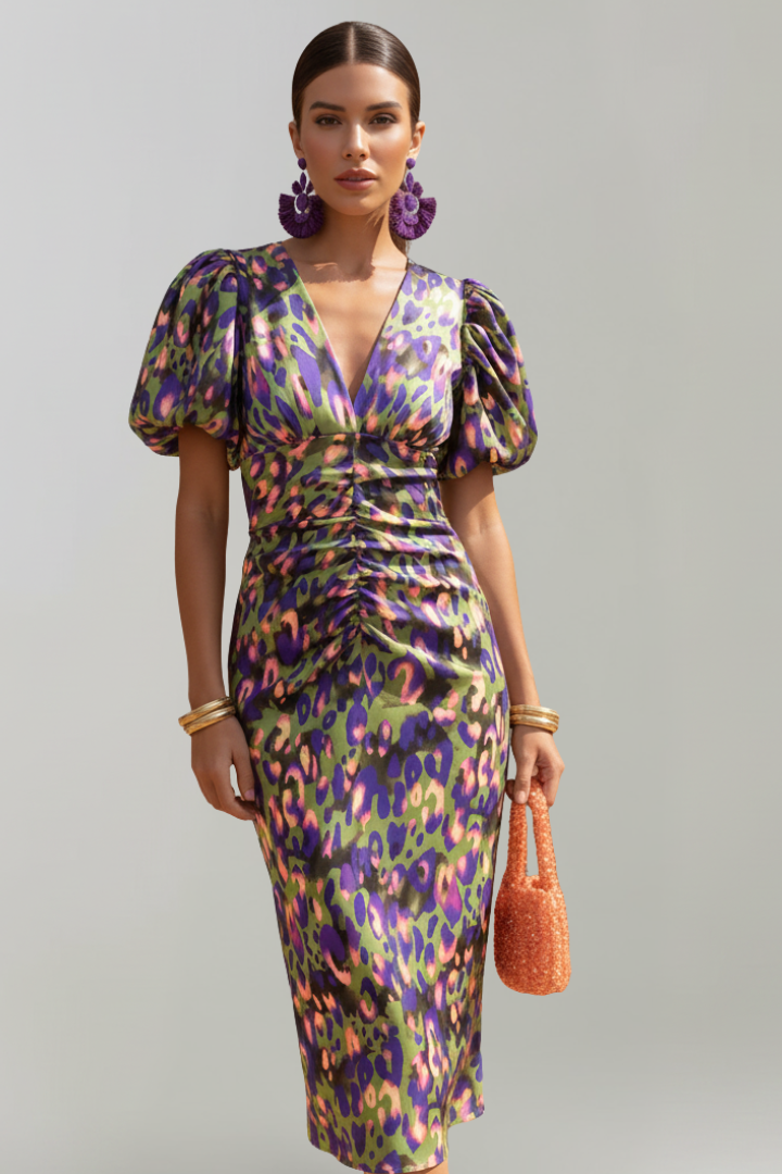 Women's Midi Dress with Puff Sleeves and Gathered Waist in Purple - View 7.0 | Roselva