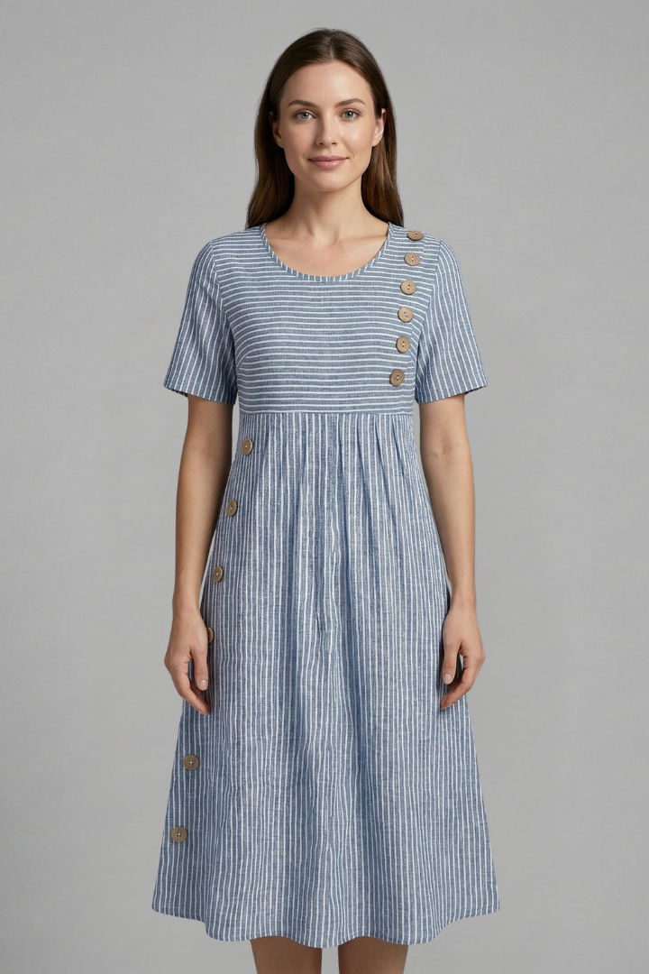 Women's Midi Dress with V-Neck with Button Detail