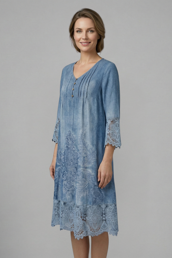 Women's Midi Dress with V-Neck and Lace Hem