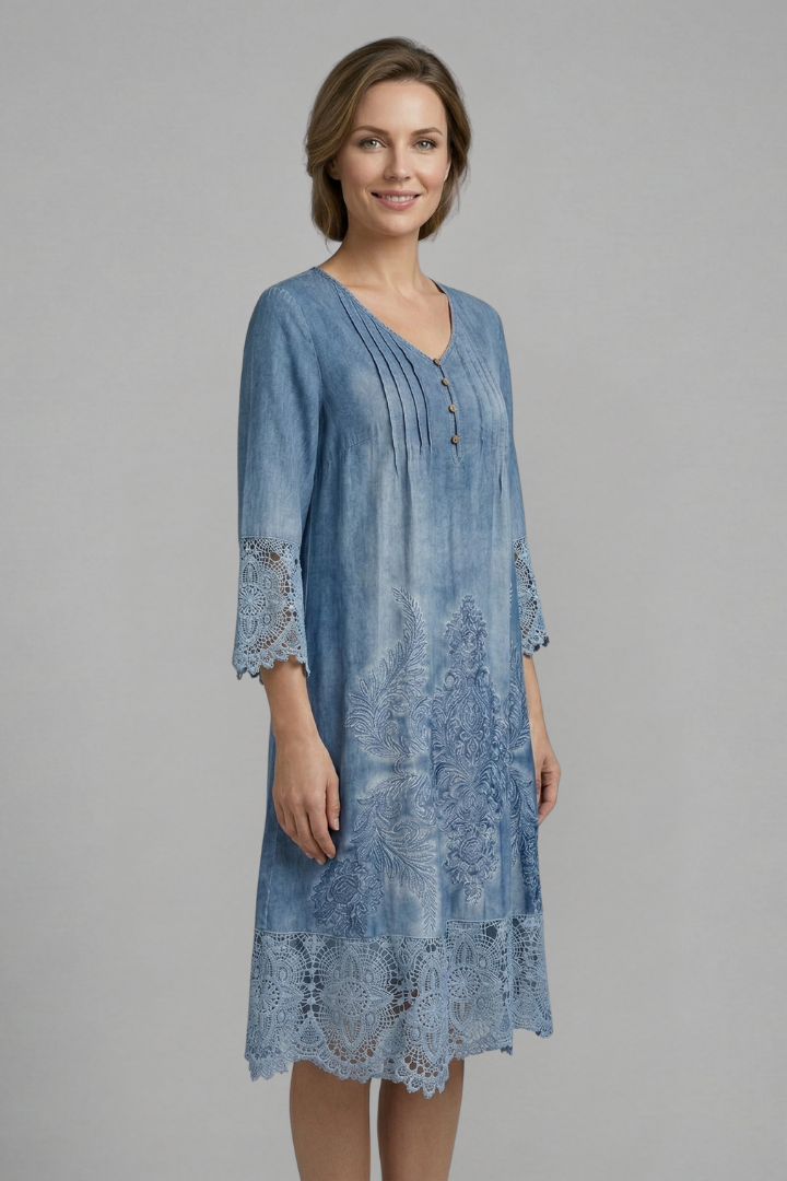 Women's Midi Dress with V-Neck and Lace Hem