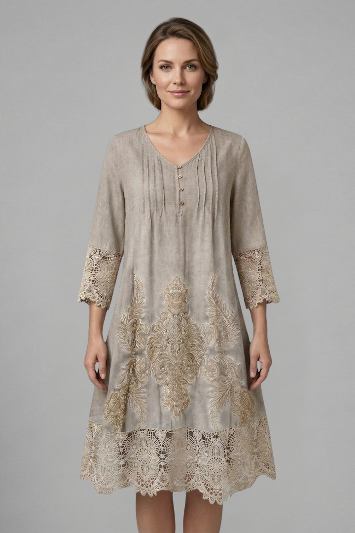 Women's Midi Dress with V-Neck and Lace Hem