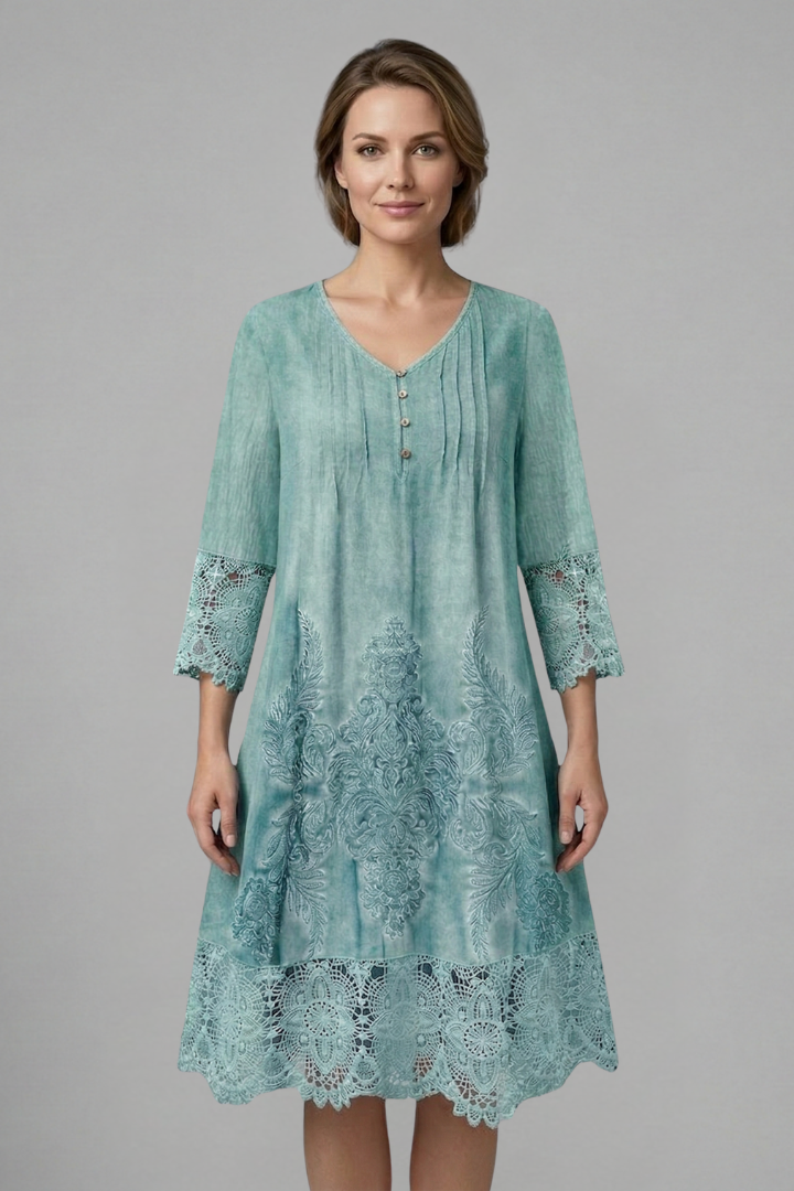 Women's Midi Dress with V-Neck and Lace Hem