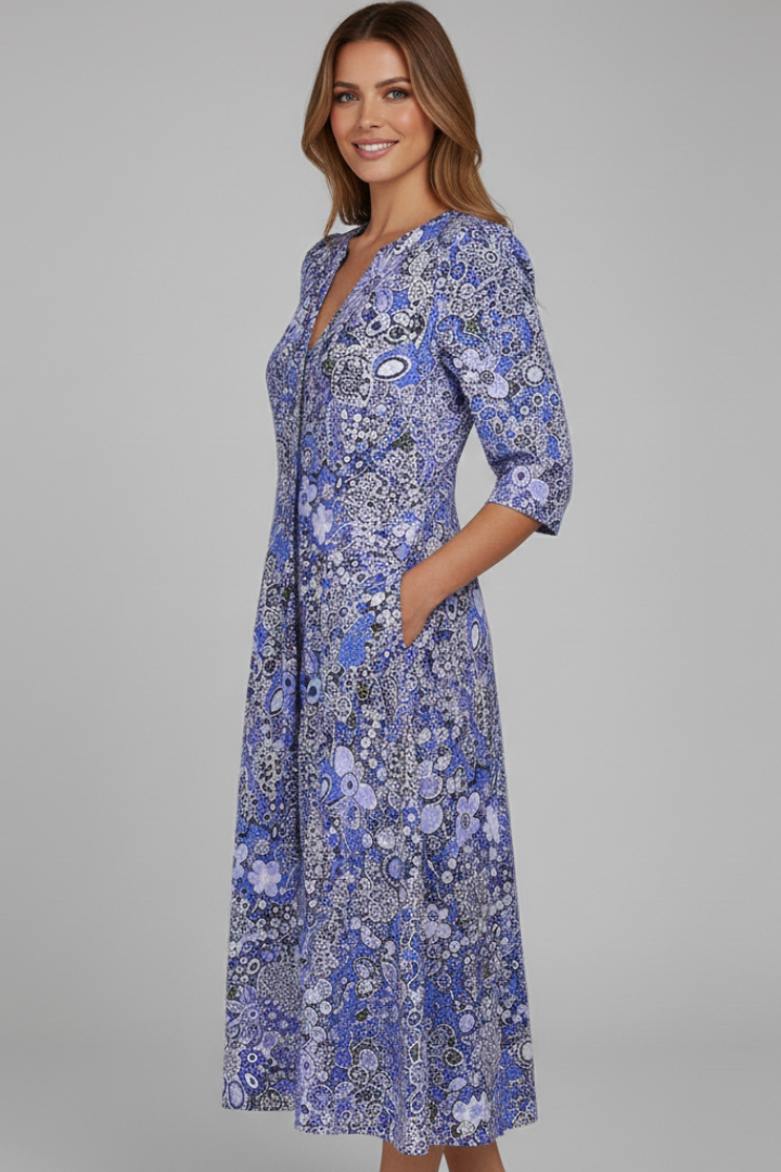 Women's Midi Dress with V-Neck and 3/4 Sleeves