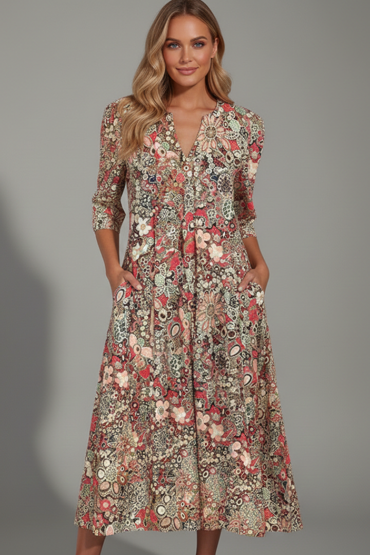 Women's Midi Dress with V-Neck and 3/4 Sleeves