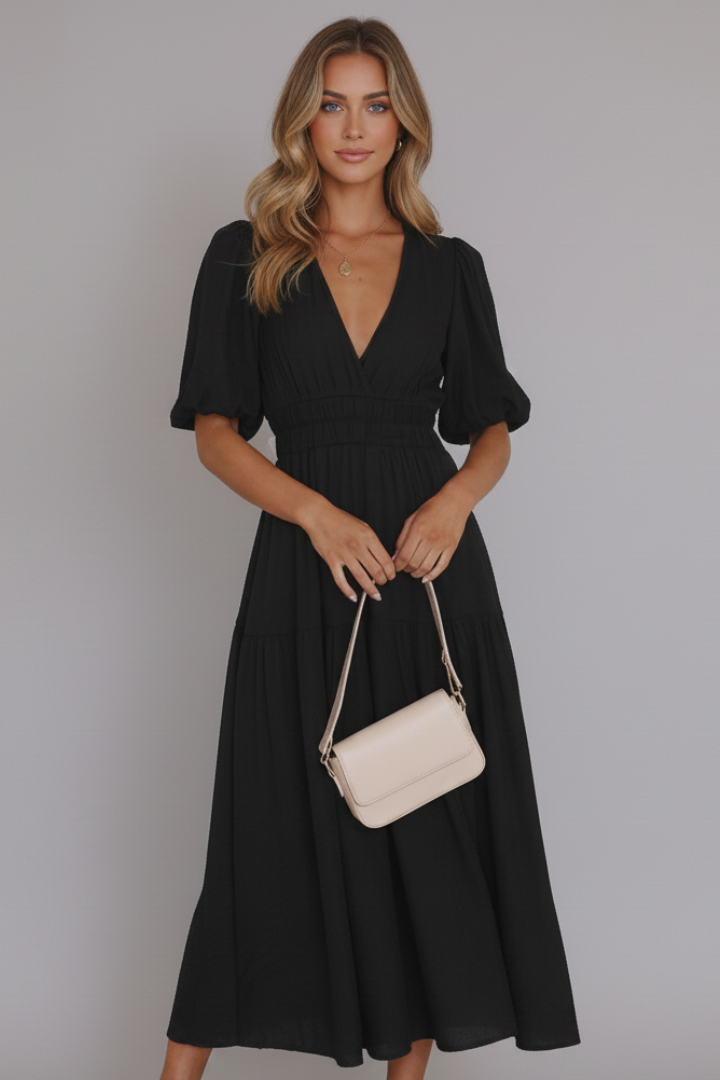Women's Midi Dress with V-Neck and Layered Hem