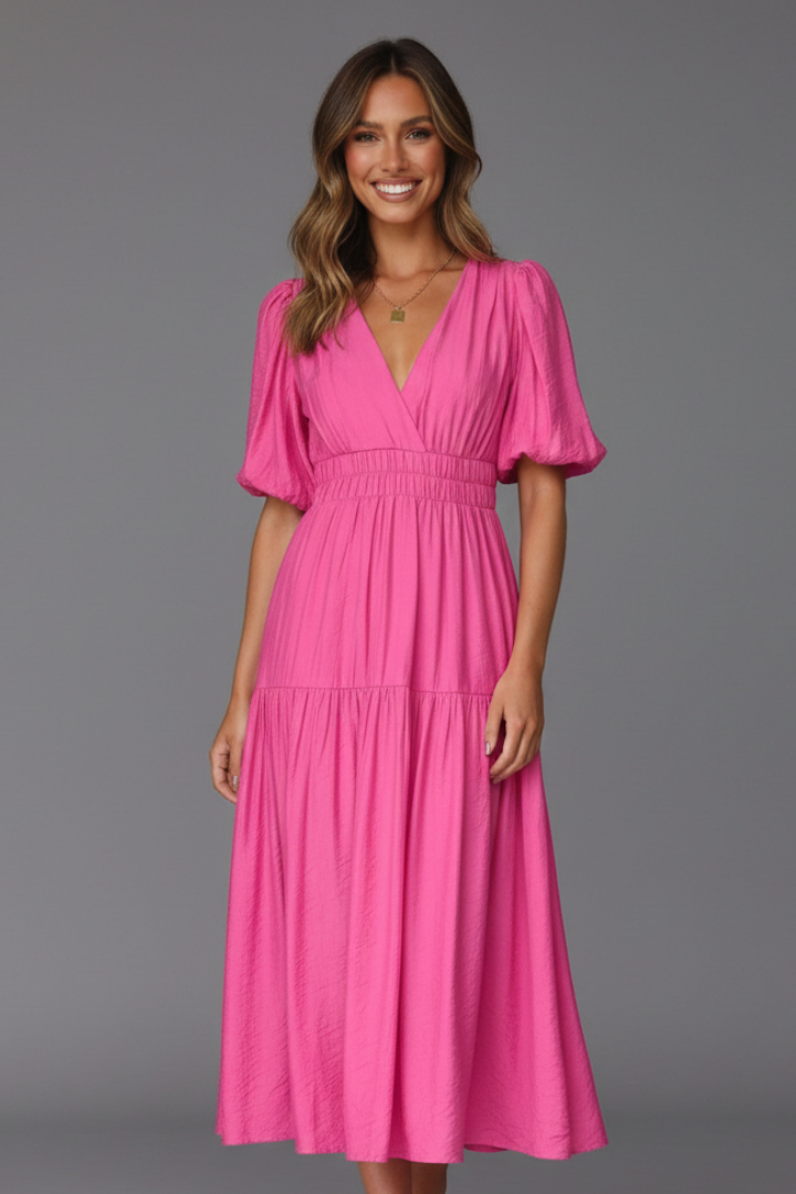 Women's Midi Dress with V-Neck and Layered Hem
