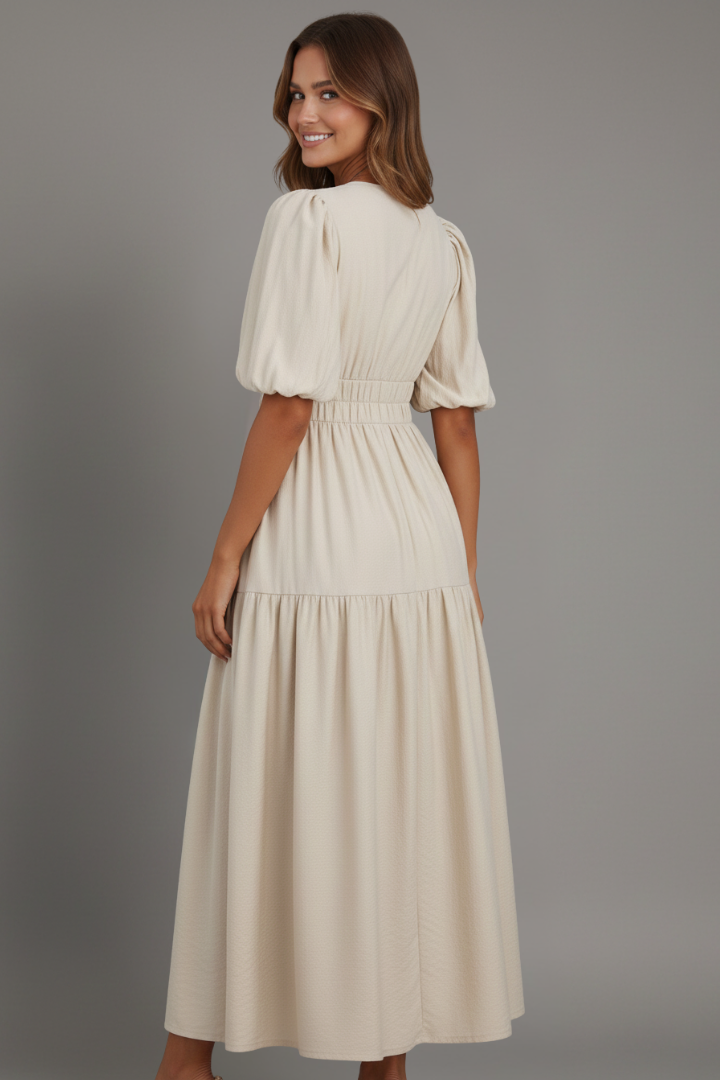Women's Midi Dress with V-Neck and Layered Hem