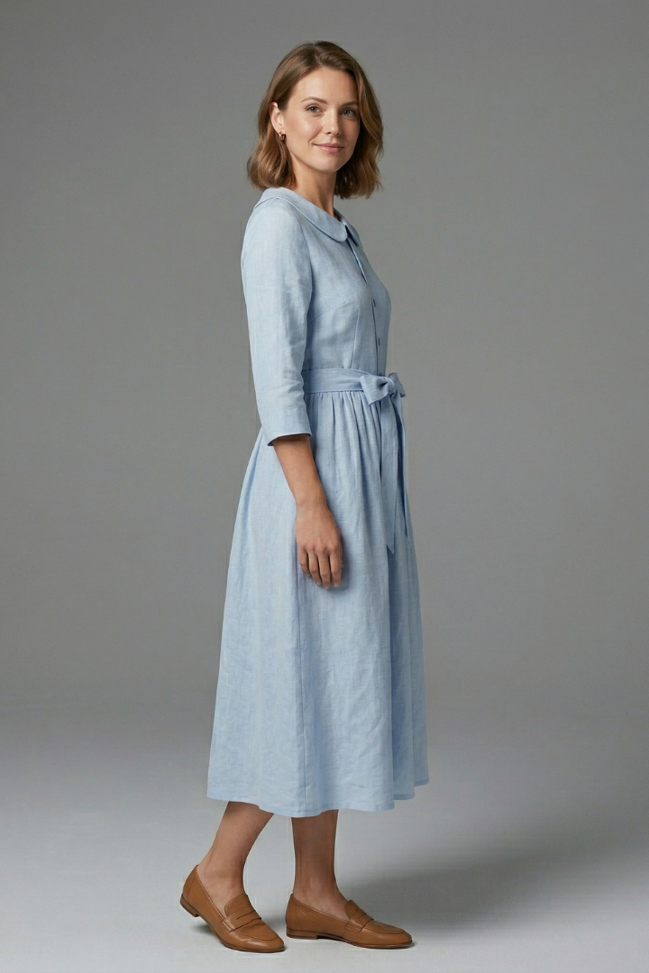 Women's Midi Dress with V-Neck and Waist Tie