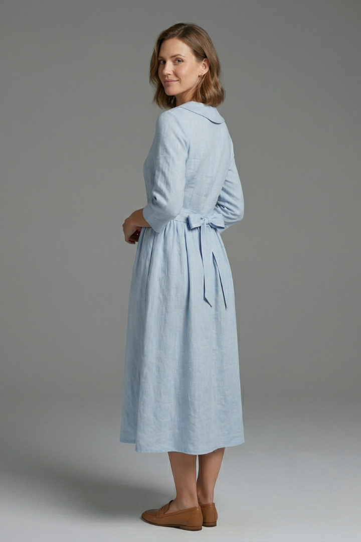 Women's Midi Dress with V-Neck and Waist Tie