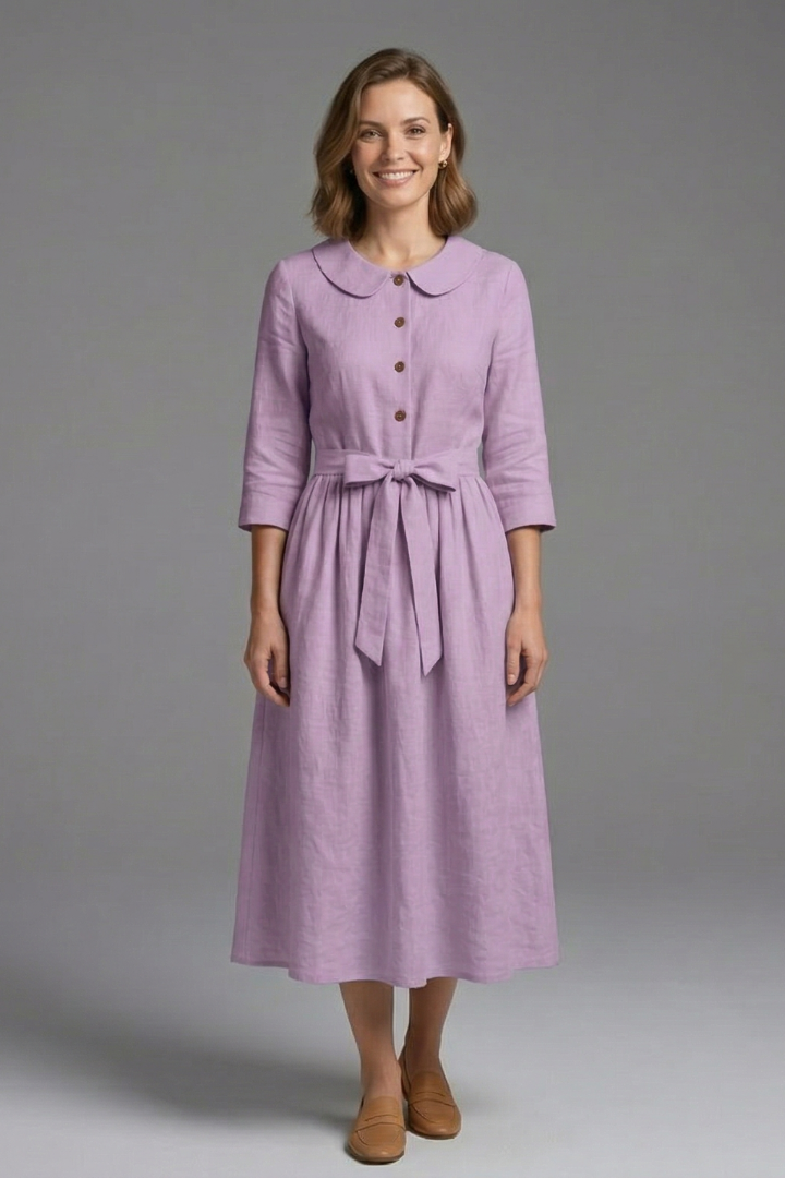 Women's Midi Dress with V-Neck and Waist Tie